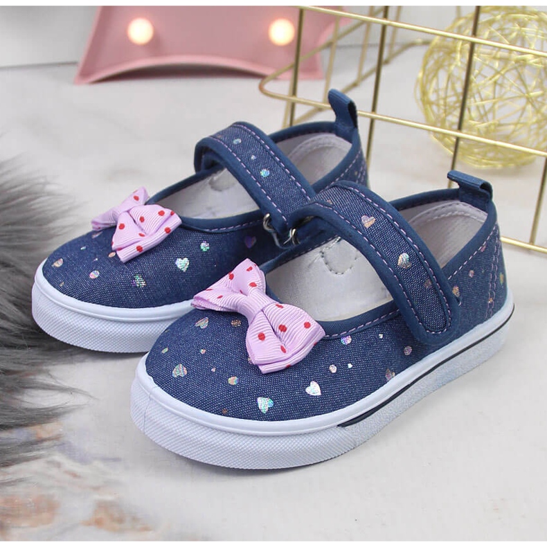 Girls' ballerinas with velcro and Atletico bow navy blue blue 2 Girls' ballerinas with velcro and Atletico bow navy blue blue 2