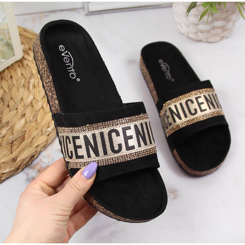 Black eVento women's slippers with inscriptions 1 Black eVento women's slippers with inscriptions 1