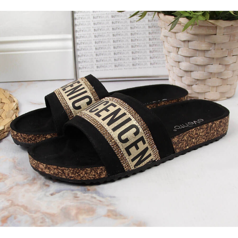 Black eVento women's slippers with inscriptions 2 Black eVento women's slippers with inscriptions 2