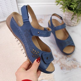 Helios 266 navy blue women's leather sandals with velcro 1