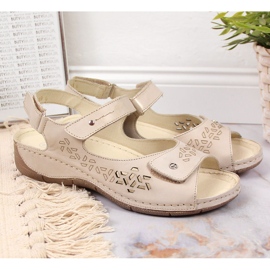 Women's leather sandals with velcro golden Helios 266 2
