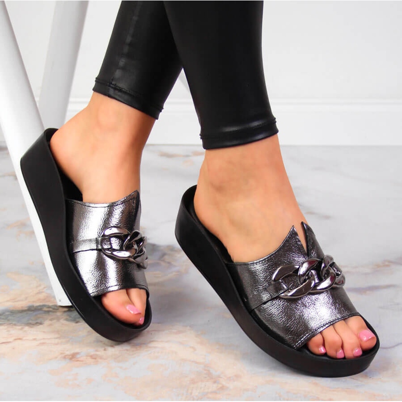 Women's leather slippers with a chain silver T.Sokolski 2