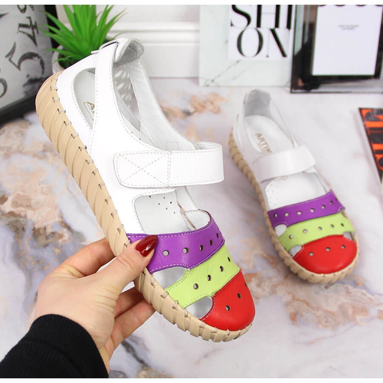 Women's leather sandals with openwork Artiker white multicolored 1