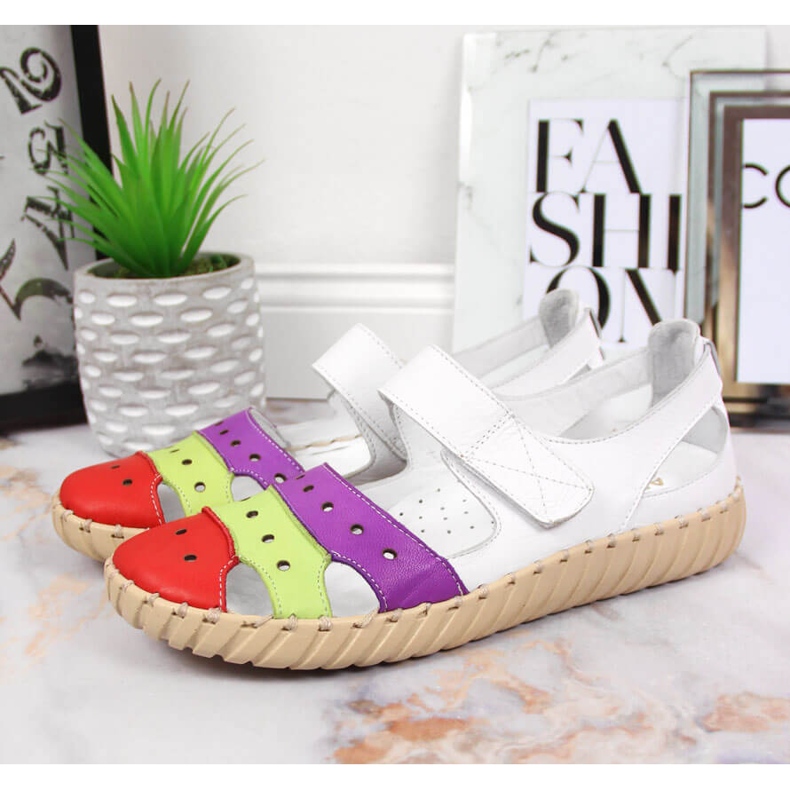 Women's leather sandals with openwork Artiker white multicolored 2