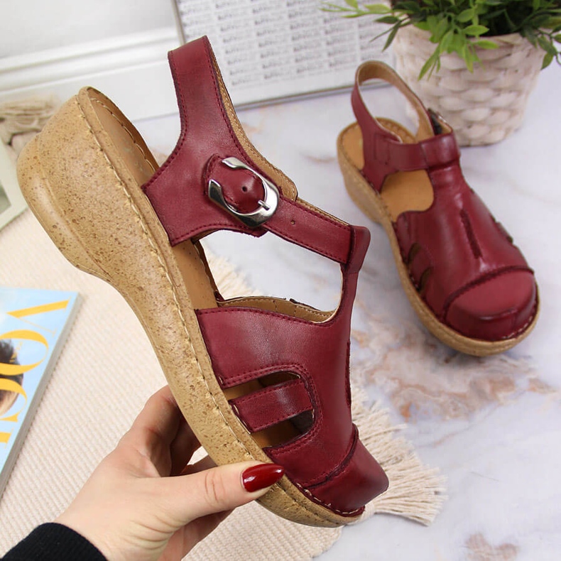 Leather sandals built in burgundy Łukbut 656 red 1