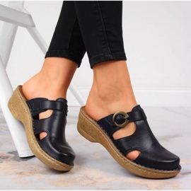 Leather slippers on a wedge blue Łukbut 666 navy blue 1