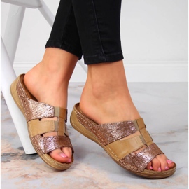 Leather beige and golden elastic slippers Łukbut 1103 1
