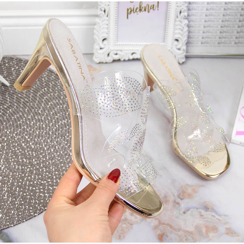 Transparent women's slippers with golden cubic zirconias Sabatina colorless 1