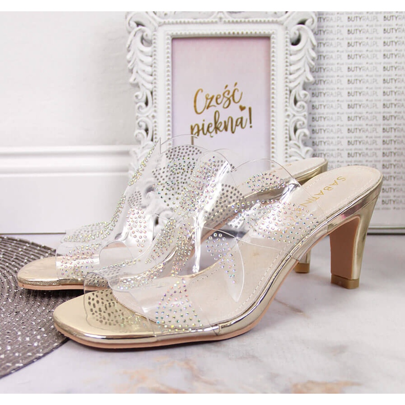 Transparent women's slippers with golden cubic zirconias Sabatina colorless 2