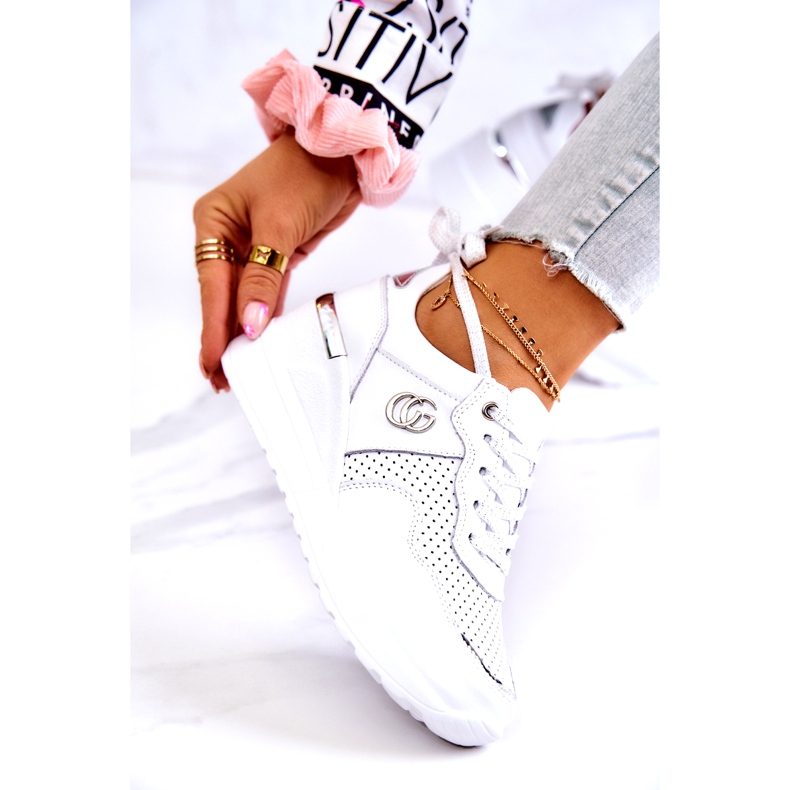 S.Barski Women's Sports Leather Shoes Sneakers White Loissa silver 3