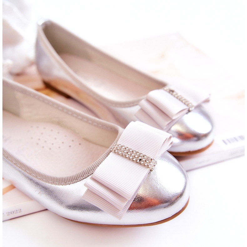 S.Barski Leather Children's Ballerinas With A Decorative Silver Claril Bow 2 S.Barski Leather Children's Ballerinas With A Decorative Silver Claril Bow 2