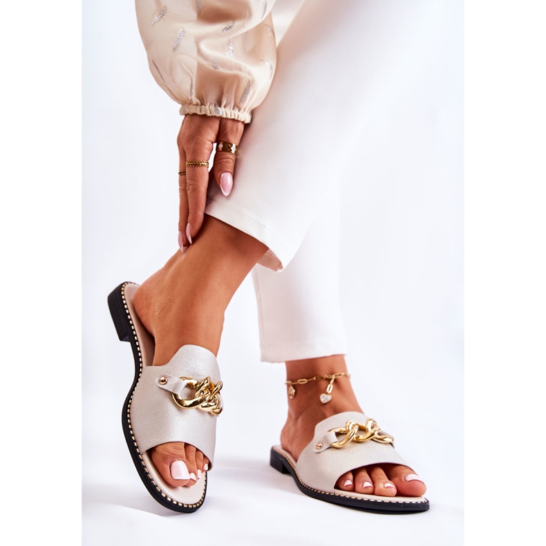 S.Barski Fashionable Slippers With A Chain On A Flat Heel Golden Finess 2