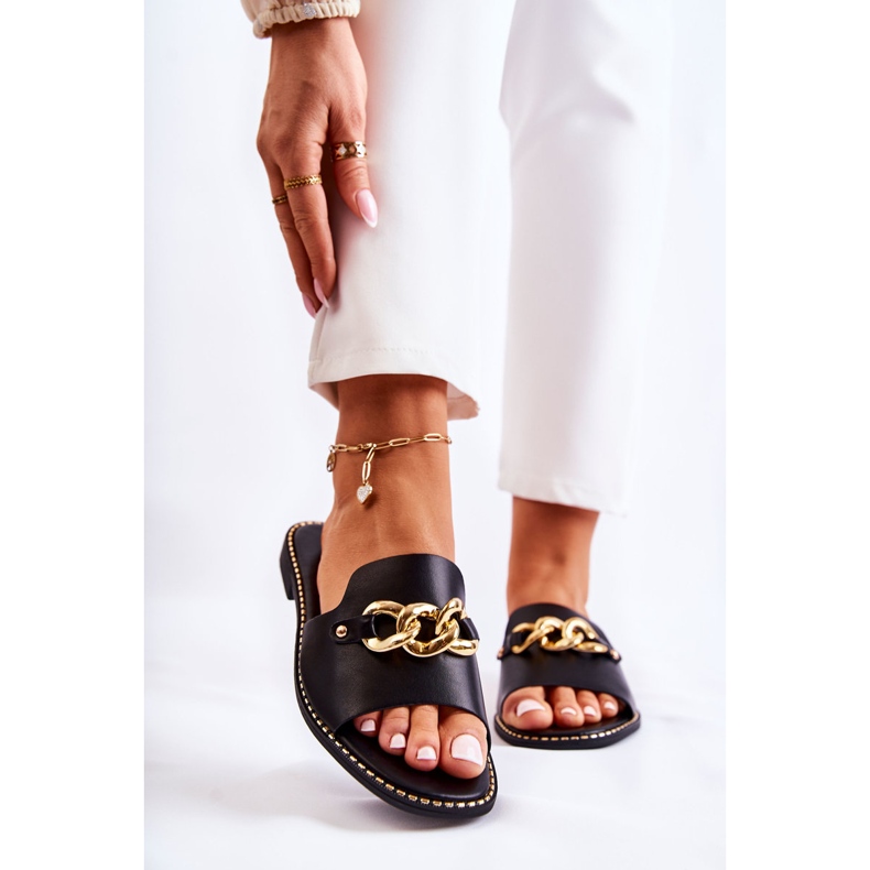 S.Barski Fashionable Black Finess Slippers With A Chain On A Flat Heel 1