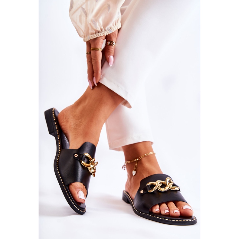 S.Barski Fashionable Black Finess Slippers With A Chain On A Flat Heel 2