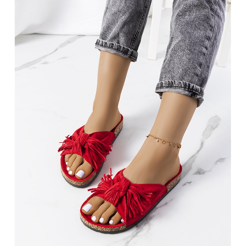 Laderies fringed red slippers 1