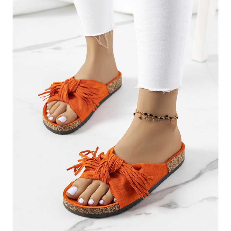 Laderies fringed orange slippers 2