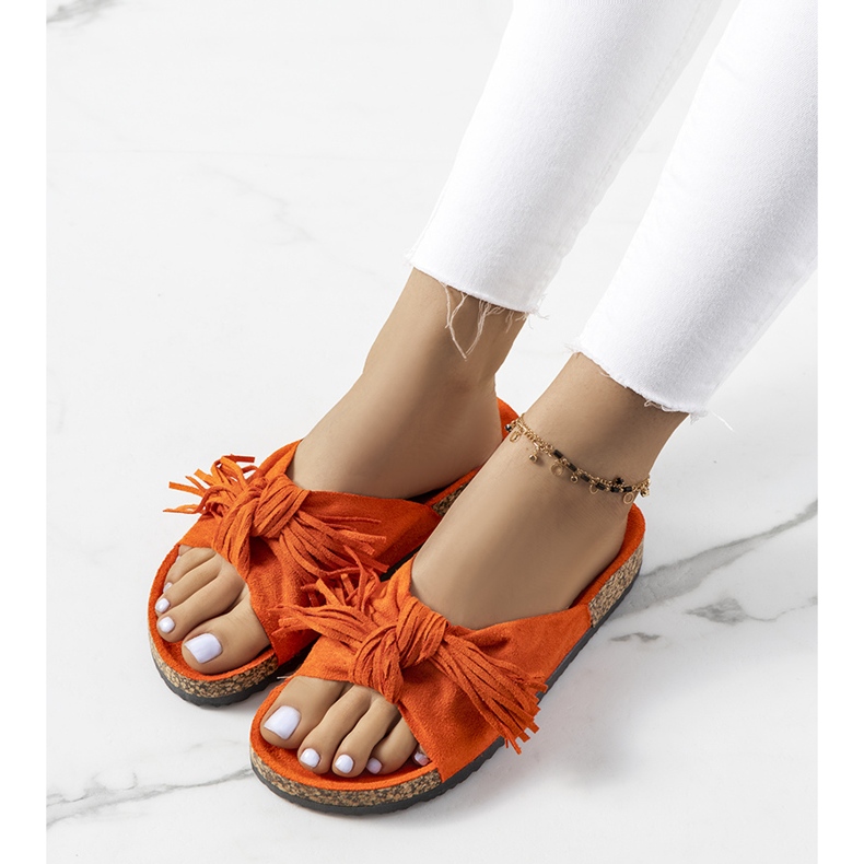 Laderies fringed orange slippers 1