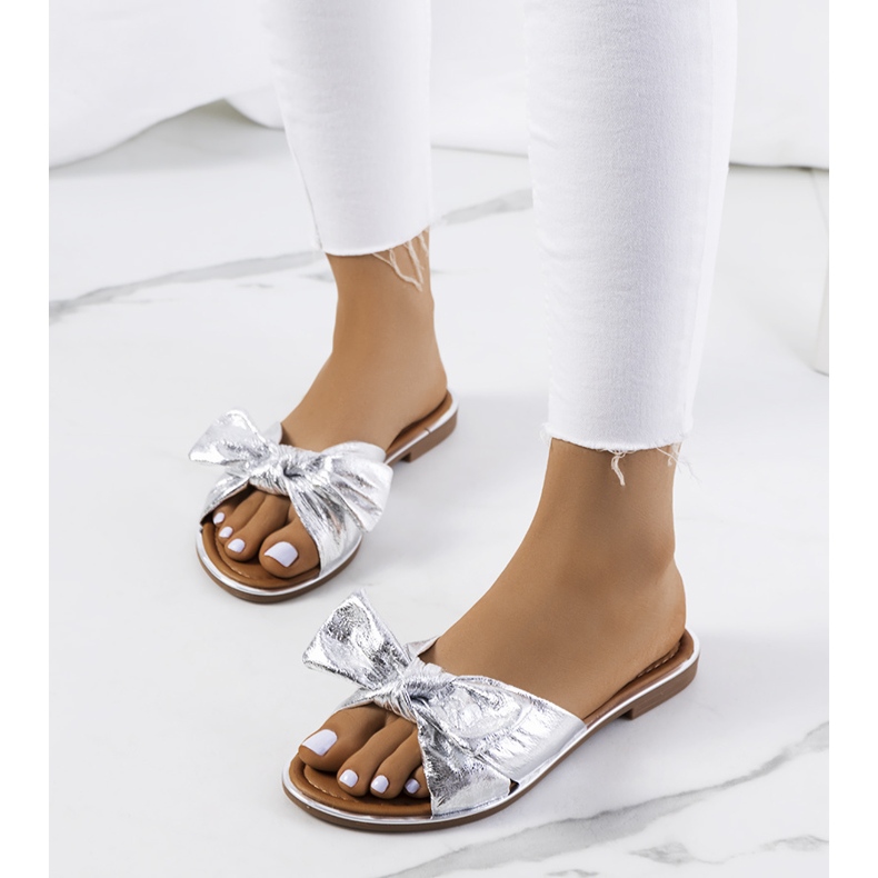 Silver slippers with a Yoho bow 1