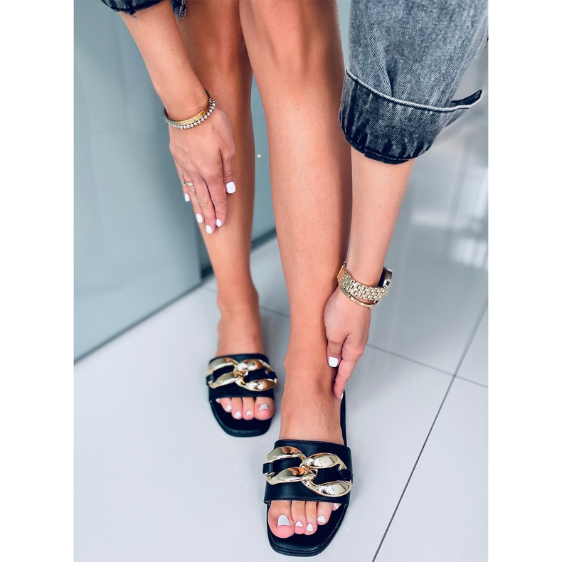 Dalia Black Slippers with a chain 1