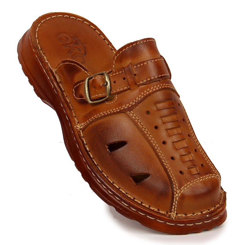 Brown EKO openwork leather men's slippers 1