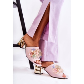 PA2 Leather Women's Slippers On High Heels With Pink Calinda Decoration 2 PA2 Leather Women's Slippers On High Heels With Pink Calinda Decoration 2