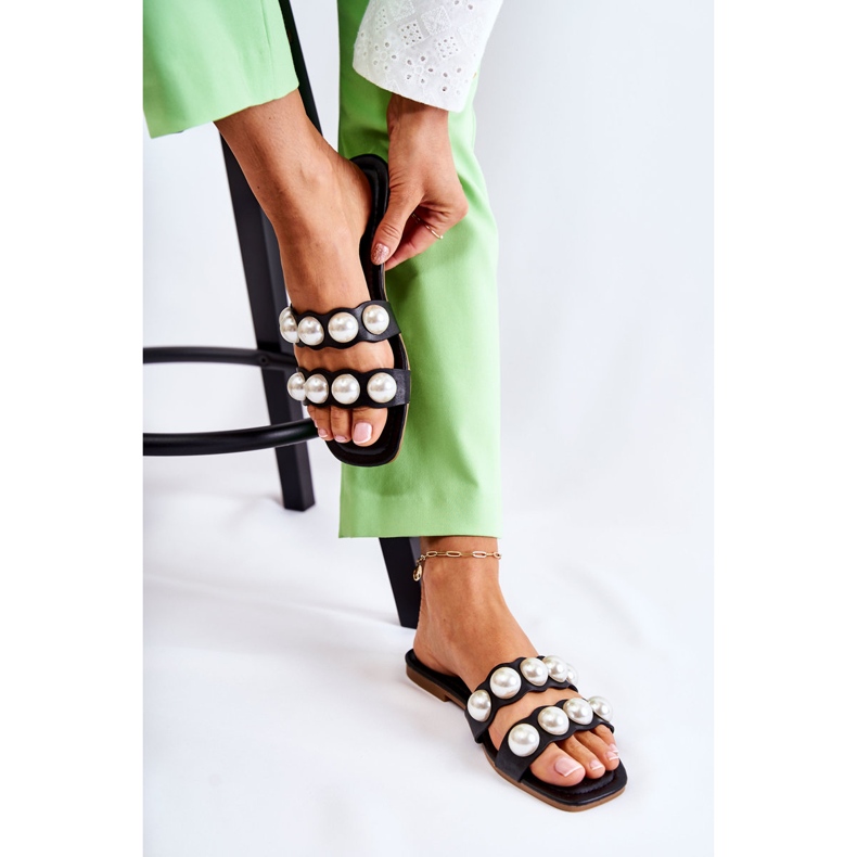 PG1 Women's Leather Slippers With Decorative Pearls Black Lasello 2