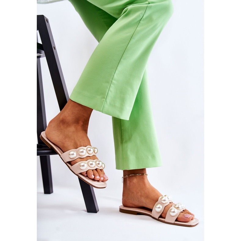 PG1 Women's leather slippers with decorative Lasello pearls beige 2