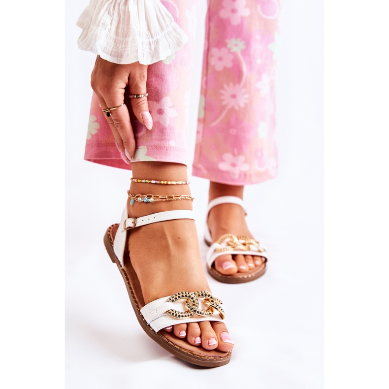 S.Barski Women's Sandals On Flat Heels With A Chain White Minevra 2