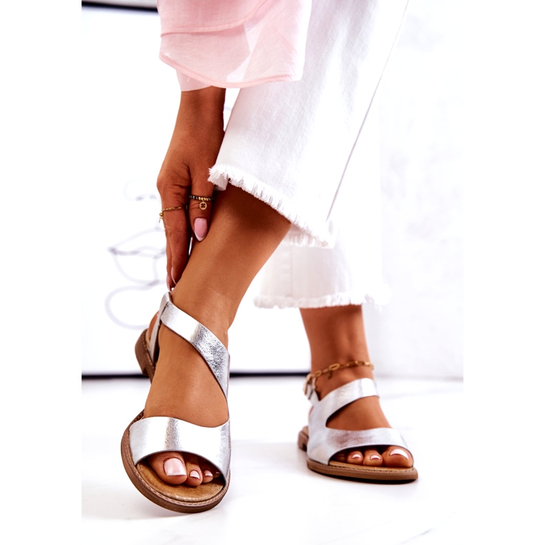 Leather Buckle Sandals Lewski 3041 Silver 3