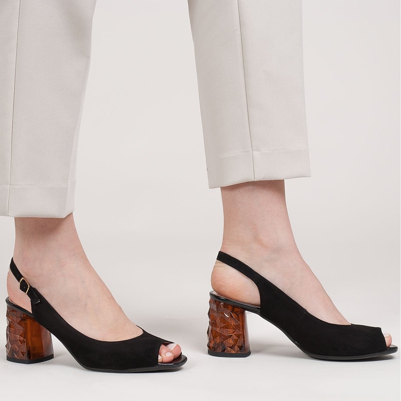 Marco Shoes Black suede sandals with a 3D amber heel 1