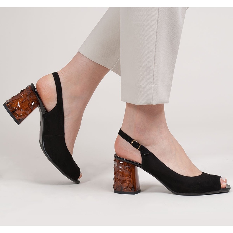 Marco Shoes Black suede sandals with a 3D amber heel 2