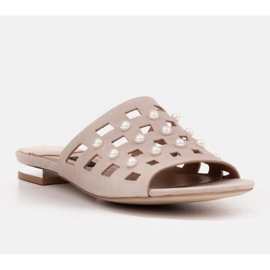 Marco Shoes Elegant women's slippers with pearls and perforation beige 1