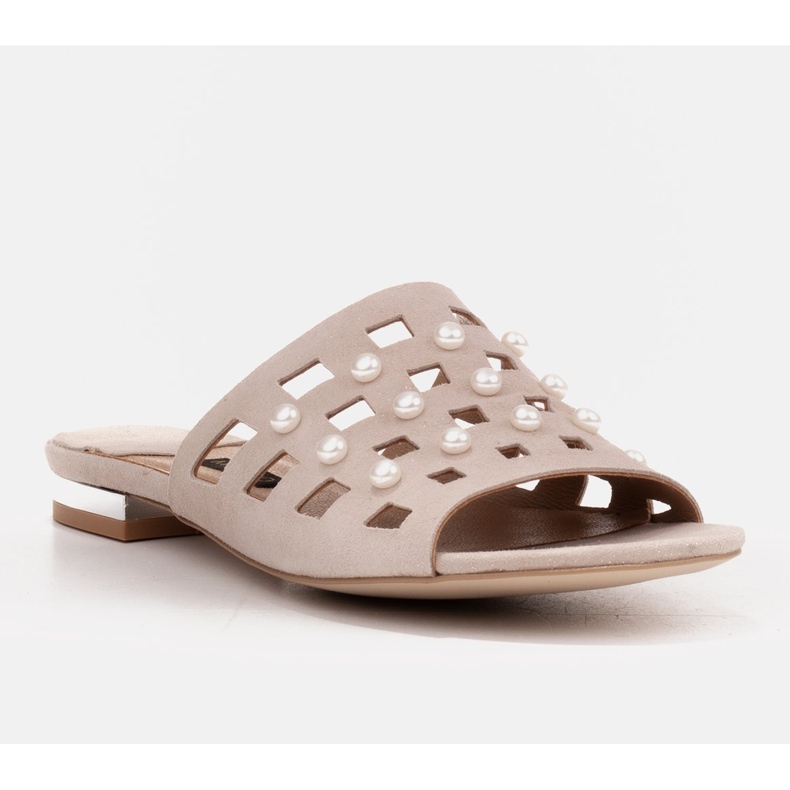 Marco Shoes Elegant women's slippers with pearls and perforation beige 1