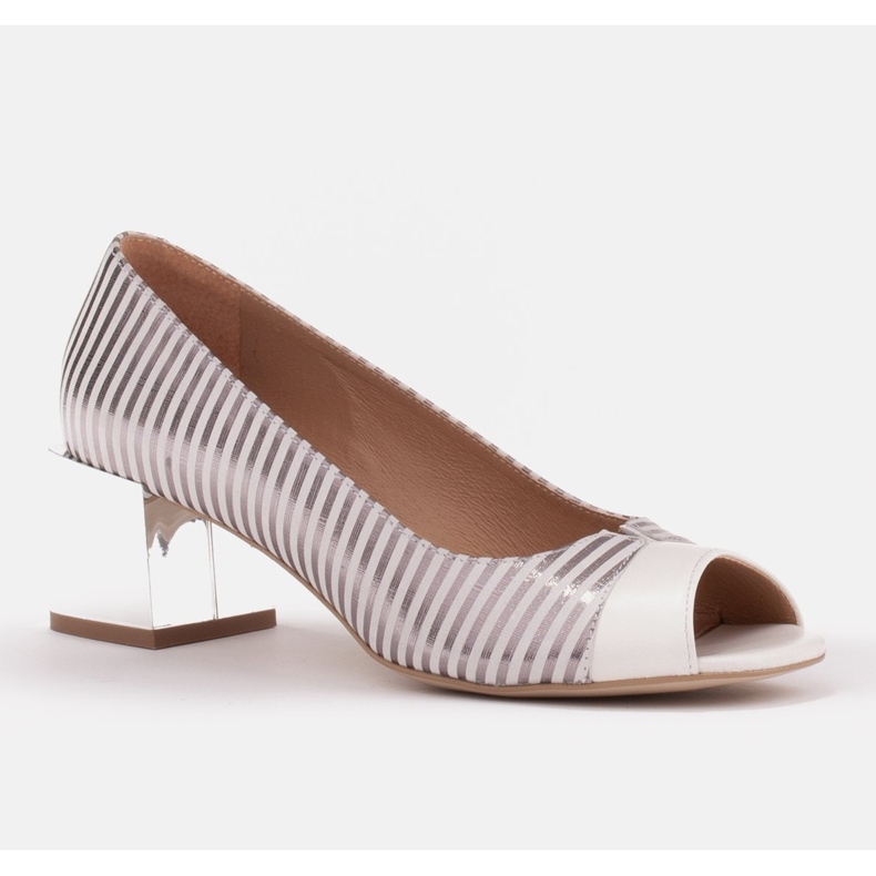 Marco Shoes Women's pumps with metallic stripes with an open front white silver 1