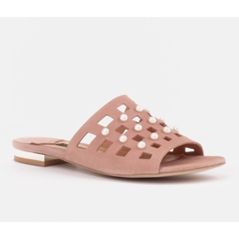 Marco Shoes Elegant women's slippers with pearls and perforation pink 1