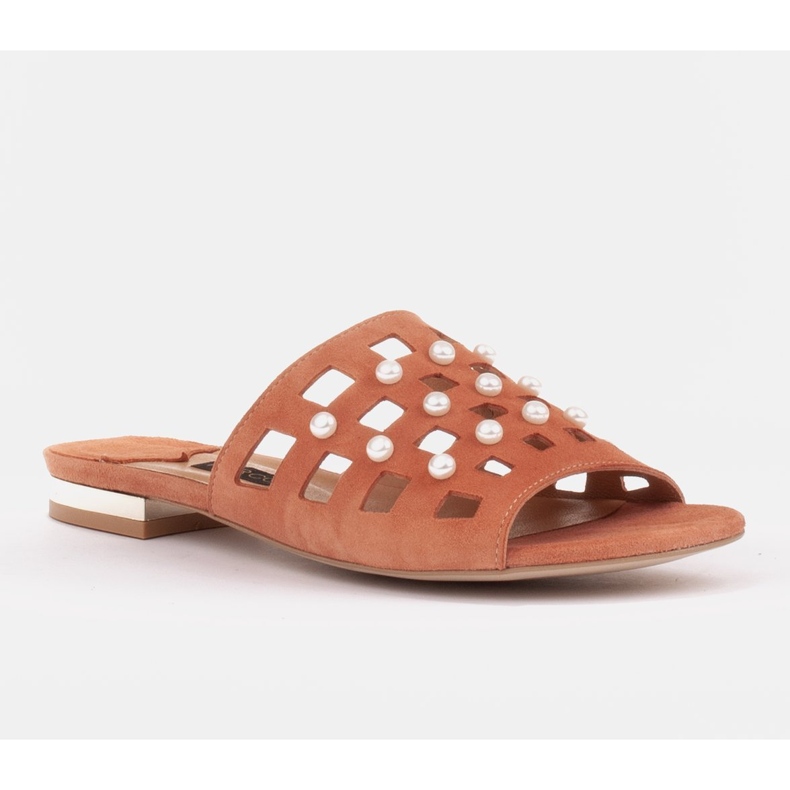 Marco Shoes Elegant women's slippers with pearls and perforation orange 1
