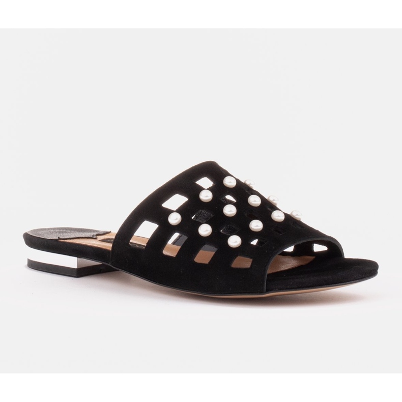 Marco Shoes Elegant women's slippers with pearls and perforation black 1