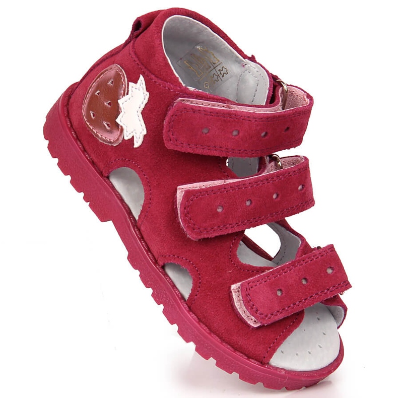 Girls leather sandals with fuchsia strawberry Kornecki pink 1