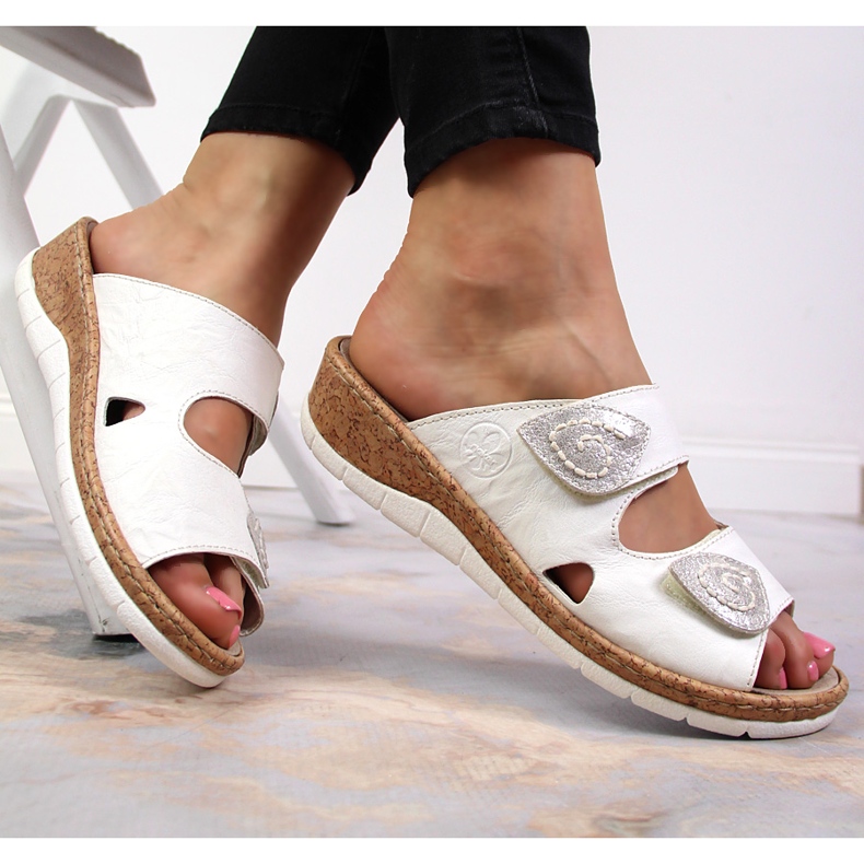 White Rieker V7151-80 women's leather slippers with velcro wedges 1 White Rieker V7151-80 women's leather slippers with velcro wedges 1