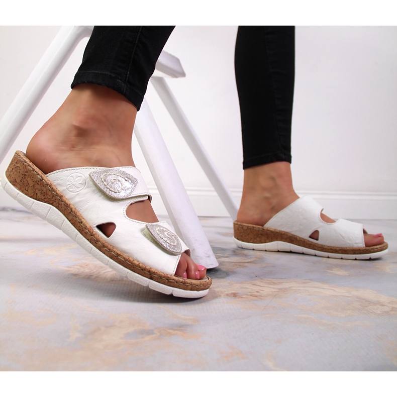 White Rieker V7151-80 women's leather slippers with velcro wedges 2 White Rieker V7151-80 women's leather slippers with velcro wedges 2
