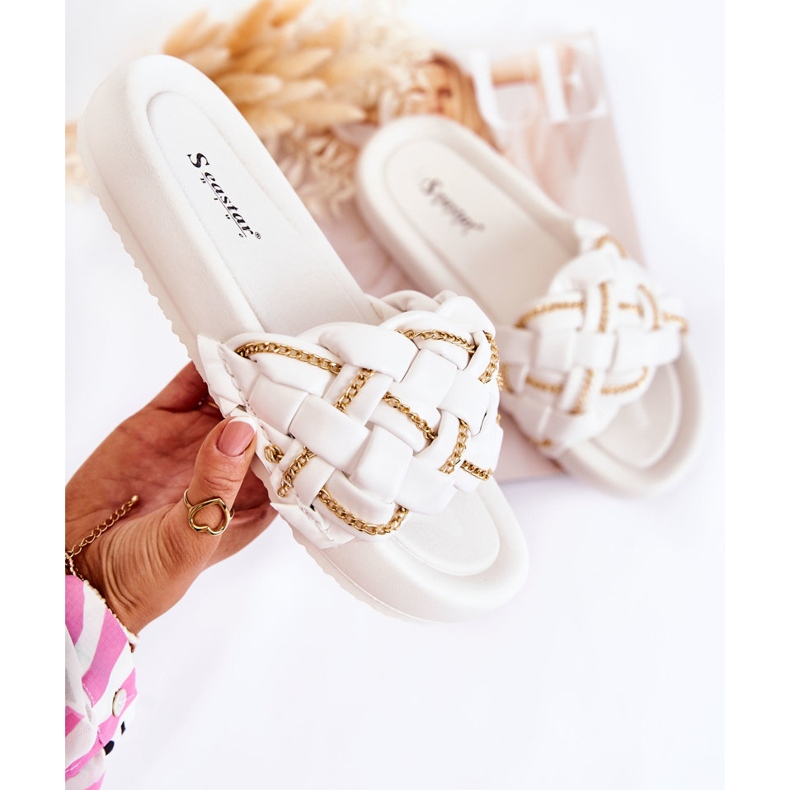PS1 Women's Leather Slippers With A Chain White Soline 2