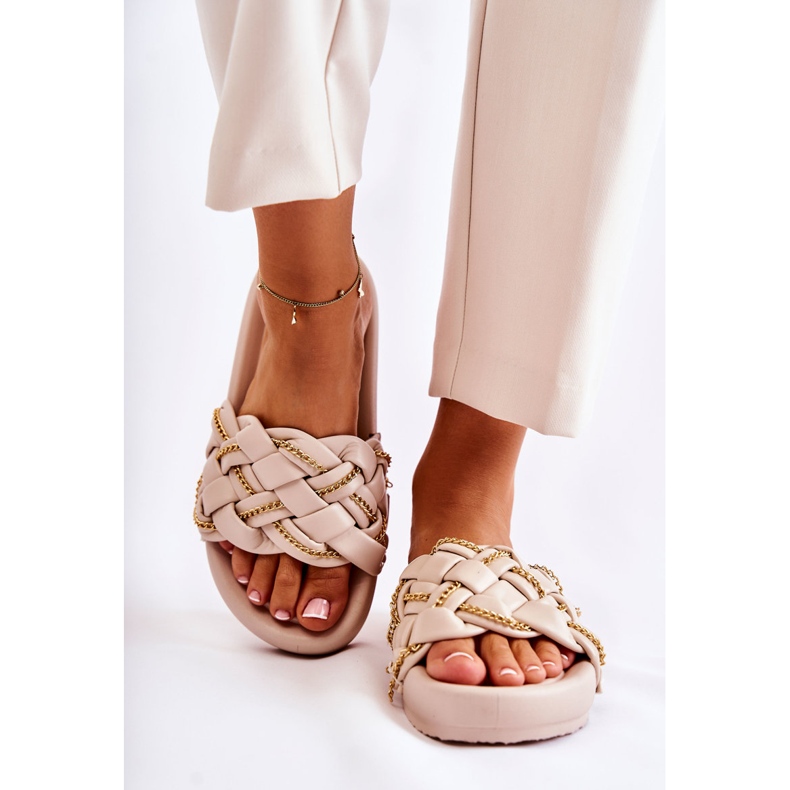 PS1 Women's Leather Slippers With A Chain Beige Soline 1