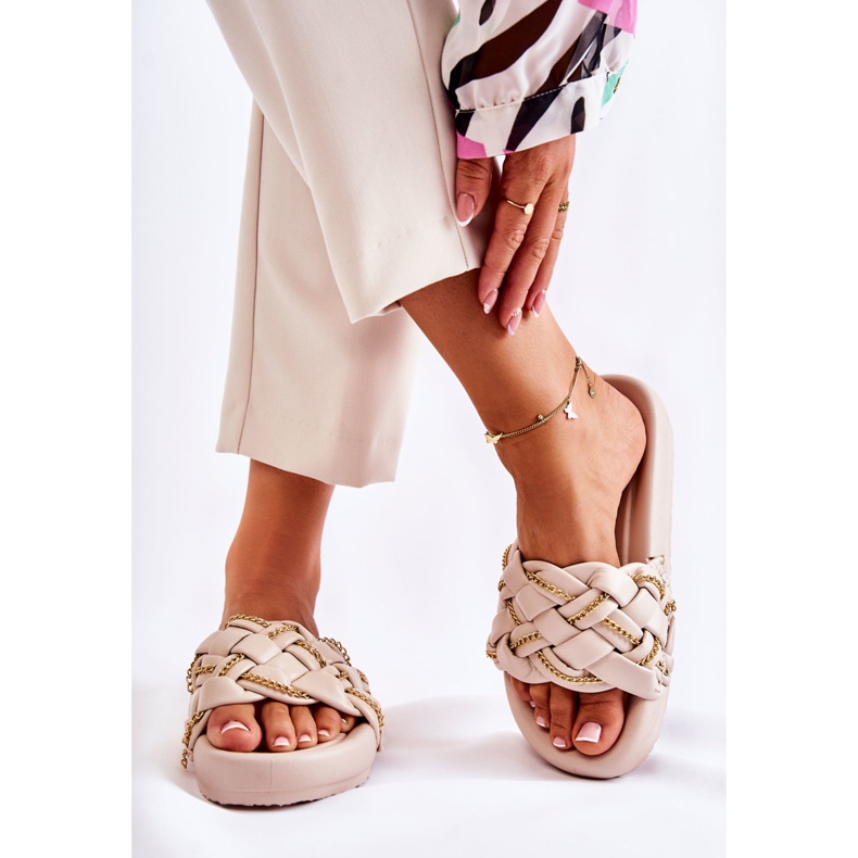 PS1 Women's Leather Slippers With A Chain Beige Soline 2