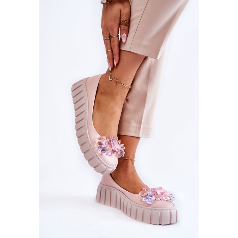 PA2 Leather Ballerinas On A Platform With A Colorful Pink Ladette Decoration 2