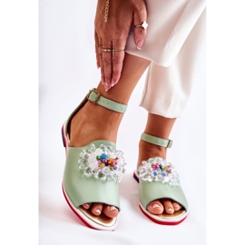 Women's Leather Sandals With Green Nevassa Decoration 1
