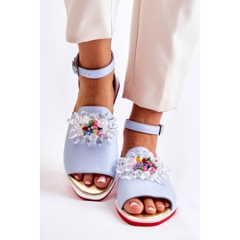 PA2 Women's Leather Sandals With Blue Nevassa Decoration 2