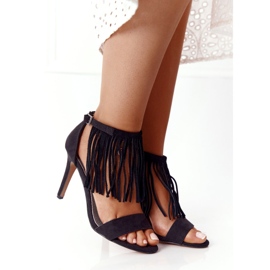 S.Barski Suede Sandals On A High Heel With Fringes Black Boho Swing 2