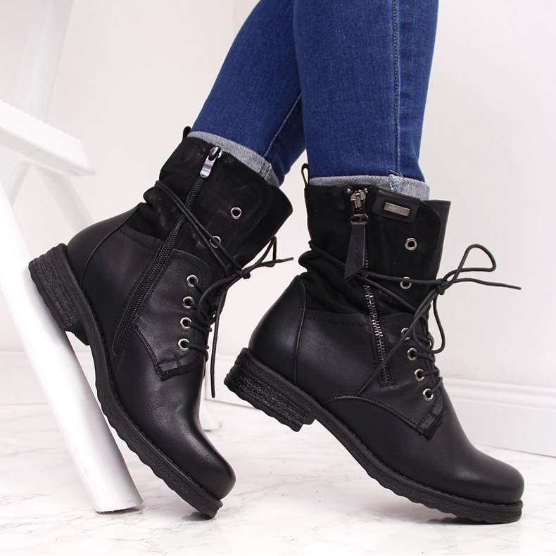 Women's lace-up workers with a zipper, black Jezzi 1