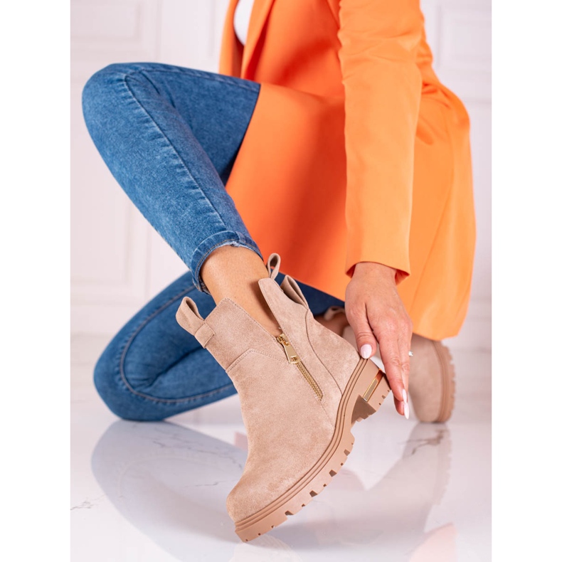 Shelovet women's low boots with a golden zipper, light brown 1 Shelovet women's low boots with a golden zipper, light brown 1
