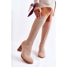 PS1 Fashionable Ribbed High Heel Boots Beige Carros 1